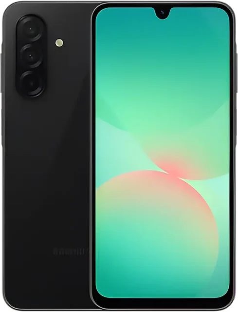 Black Samsung Galaxy A-series budget phone, front and back view