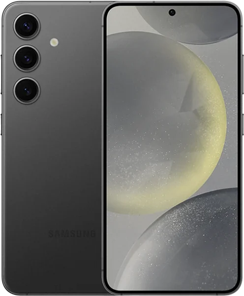 Samsung Galaxy S24 in black, front and back view