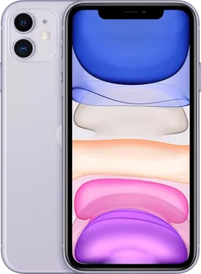 Purple iPhone 11 with dual rear cameras, front and back view