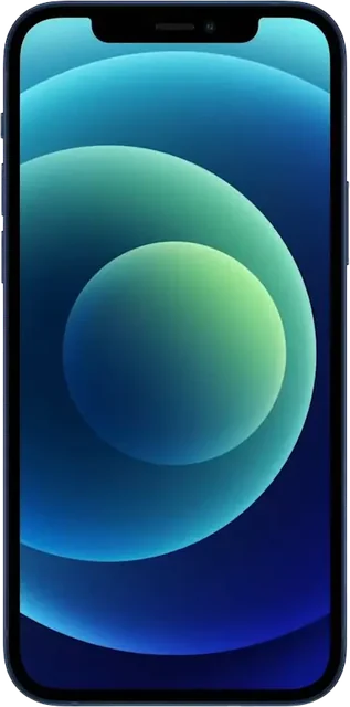 Blue iPhone 12 with flat edges, front and back view