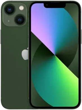 Green iPhone 13 with diagonal dual cameras, front and back view