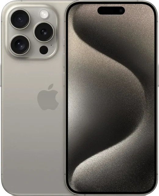 Natural titanium iPhone 15 Pro, front and back view