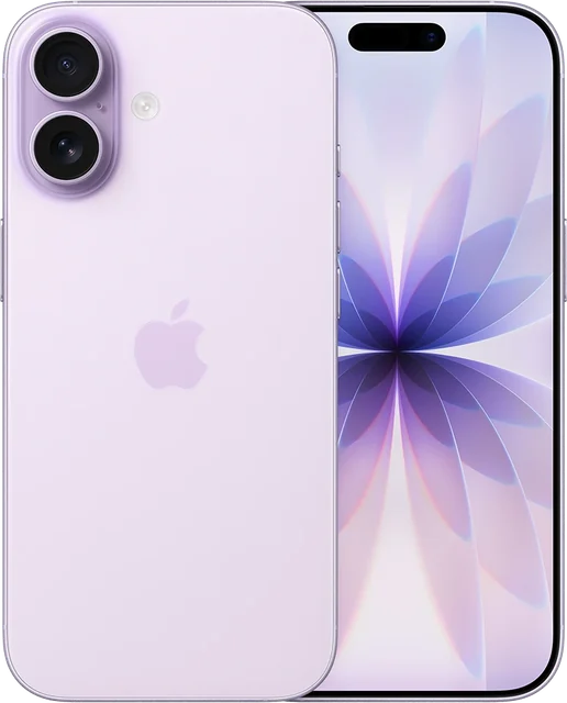 Lavender iPhone 17 with vertical dual camera, front and back view