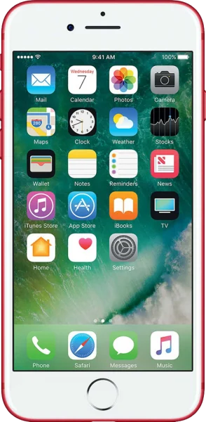 Red iPhone 7 front view with Touch ID home button